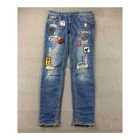 Zara Premium Jeans Women 6 Boyfriend Slim Fit Embroidered Patches Distressed - Picture 1 of 11